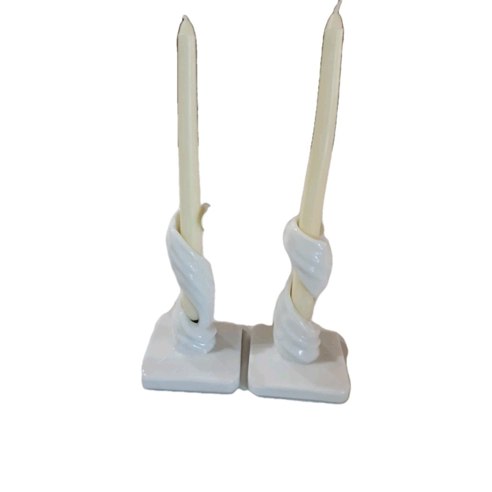 VTG Westmoreland Swirl candle holders Set Of 2 Opaque Milk Glass Handmade 7 inch